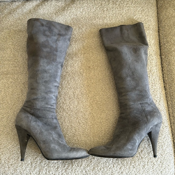 Prada Suede Knee High Boot Cone Heel Gray 37.5 IT 7.5 US NIB MSRP $1400 - Picture 3 of 14